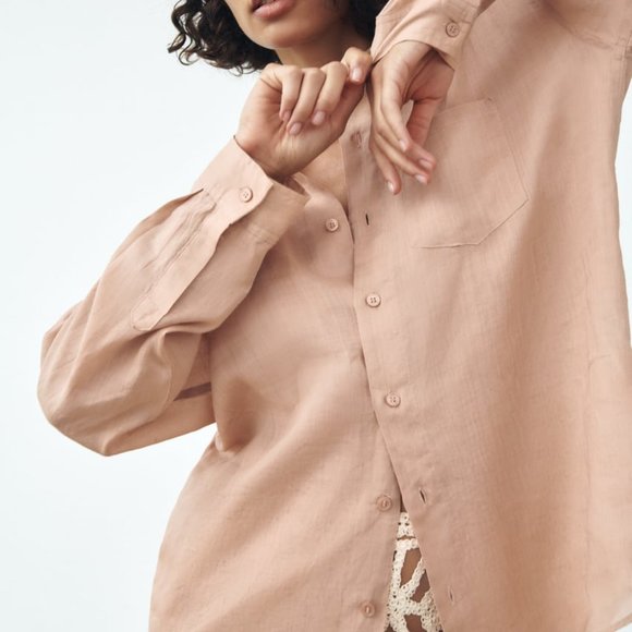 NWT ZARA OVERSIZED RAMIE SHIRT BEIGE-PINK - Picture 3 of 8